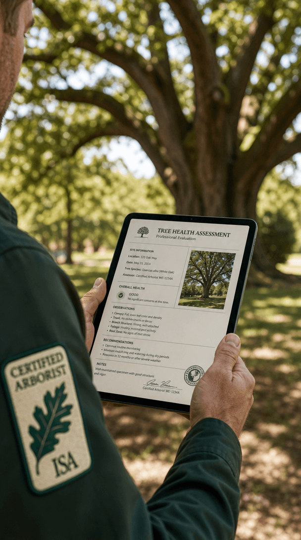 Mature oak canopy behind an arborist reviewing tree-health notes